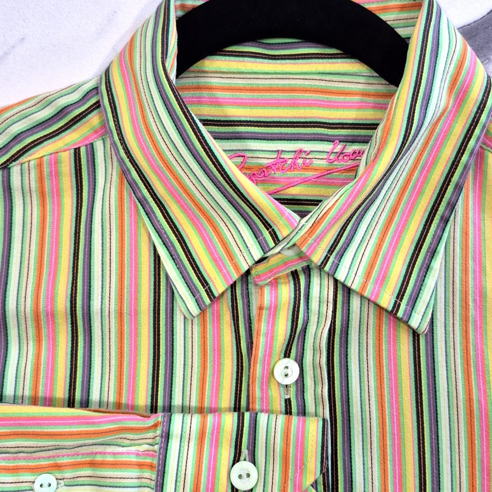 Bugatchi Uomo Multicolor Striped Button Down Shirt, Yellow & Green Medium